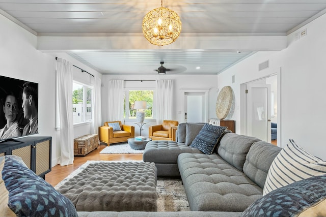 living room featuring beam ceiling, visible vents, an inviting chandelier, wood finished floors, and wooden ceiling