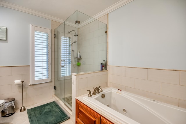 bathroom featuring tile walls, a tub with jets, a stall shower, plenty of natural light, and crown molding