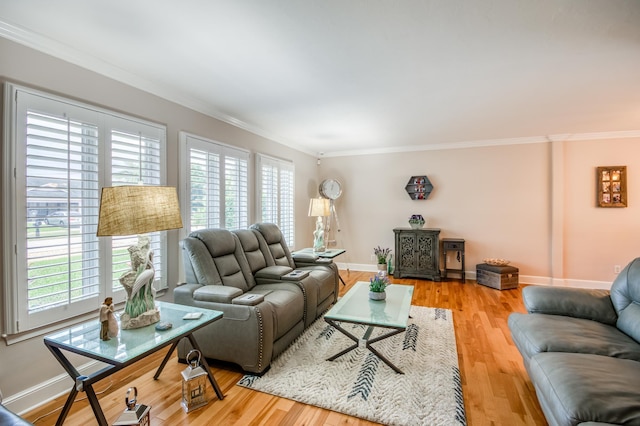 living area featuring crown molding, wood finished floors, and a healthy amount of sunlight