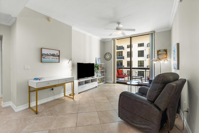 living room with baseboards, plenty of natural light, floor to ceiling windows, and crown molding