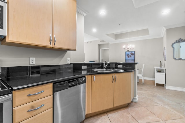 kitchen featuring a raised ceiling, dishwasher, a peninsula, light brown cabinetry, and a sink