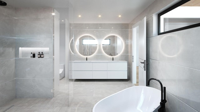 full bath featuring double vanity, a soaking tub, tile walls, and recessed lighting