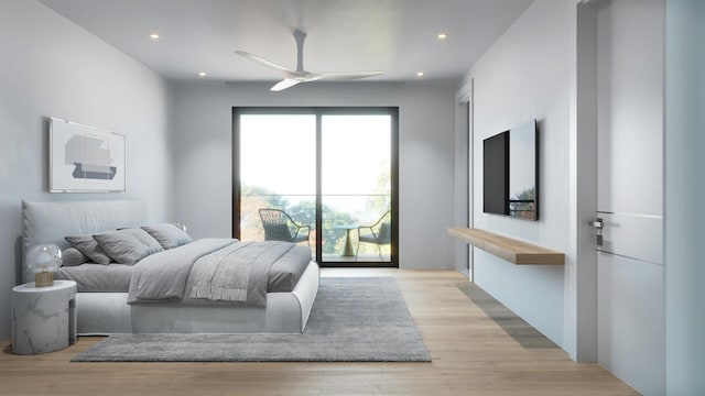 bedroom featuring light wood-type flooring, a ceiling fan, and recessed lighting