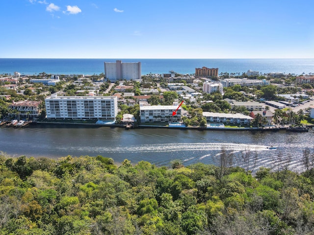 drone / aerial view featuring a water view