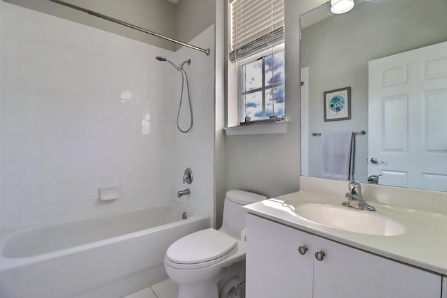 full bath featuring toilet, bathtub / shower combination, and vanity