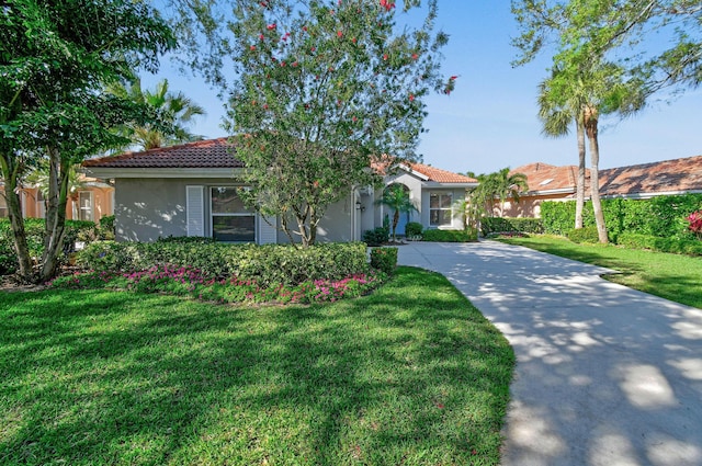 view of front facade featuring stucco siding, a front lawn, driveway, and a tiled roof