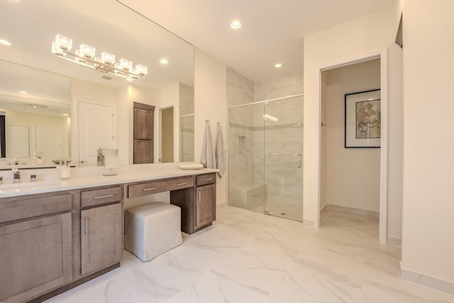 bathroom featuring marble finish floor, recessed lighting, a shower stall, vanity, and baseboards