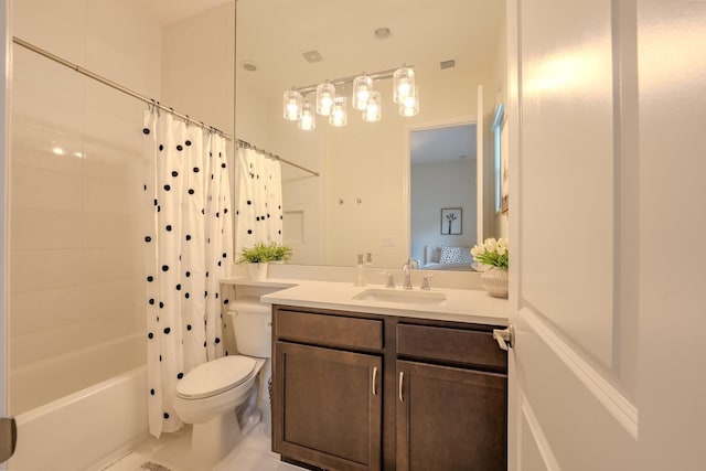 full bathroom with toilet, tile patterned flooring, vanity, and shower / bathtub combination with curtain