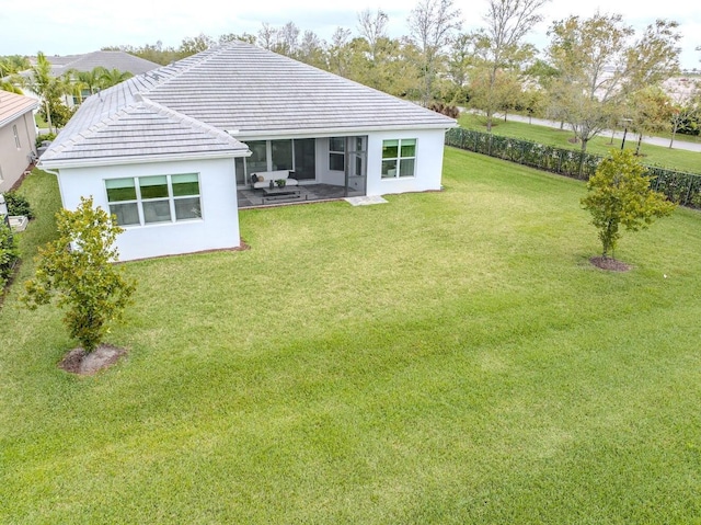 rear view of property with stucco siding, a patio, and a yard