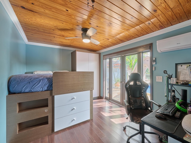 office space with wooden ceiling, hardwood / wood-style flooring, a ceiling fan, ornamental molding, and a wall mounted air conditioner