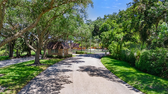 surrounding community with driveway and a lawn