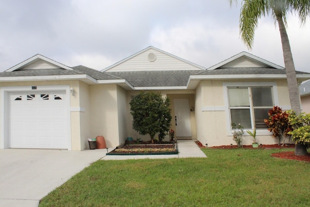 view of front of property featuring a garage, a shingled roof, a front lawn, and stucco siding