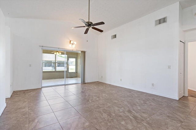 6625 Alheli Ct, Fort Pierce, FL 34951 - tiled empty room with visible vents, baseboards, high vaulted ceiling, and a ceiling fan