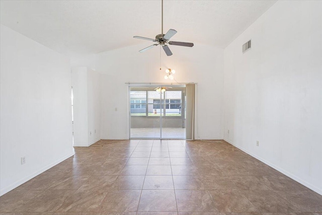 6625 Alheli Ct, Fort Pierce, FL 34951 - tiled empty room featuring high vaulted ceiling, a ceiling fan, visible vents, and baseboards