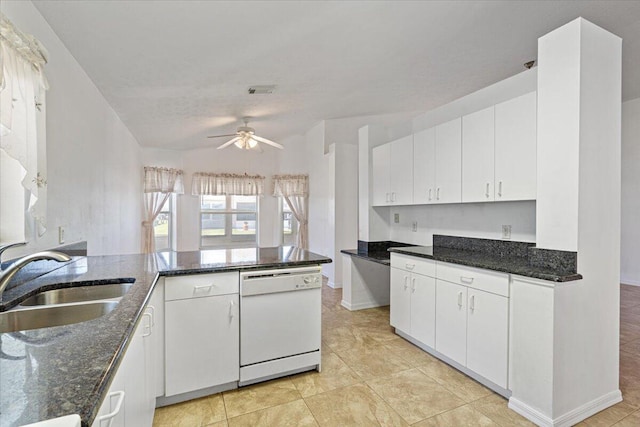 6625 Alheli Ct, Fort Pierce, FL 34951 - kitchen featuring a sink, dark stone counters, white cabinets, white dishwasher, and ceiling fan