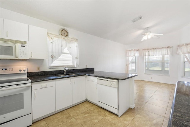 6625 Alheli Ct, Fort Pierce, FL 34951 - kitchen featuring visible vents, a sink, white appliances, white cabinets, and ceiling fan