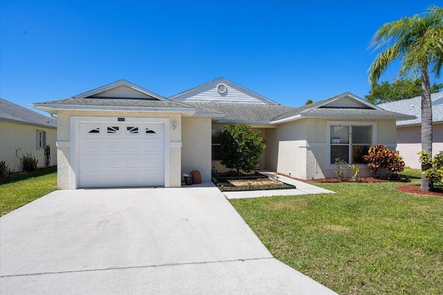 6625 Alheli Ct, Fort Pierce, FL 34951 - ranch-style home featuring a front yard, driveway, a shingled roof, stucco siding, and a garage