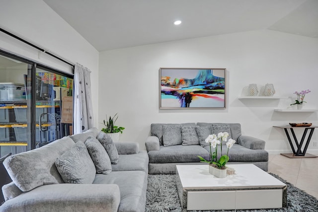 living area with tile patterned floors, baseboards, lofted ceiling, and recessed lighting