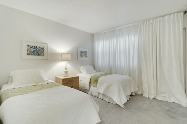 bedroom with light colored carpet