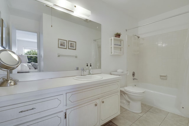 full bathroom with toilet, tile patterned flooring, shower / tub combo with curtain, and vanity