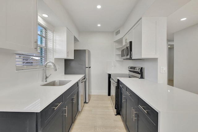 kitchen featuring visible vents, white cabinets, appliances with stainless steel finishes, open shelves, and a sink