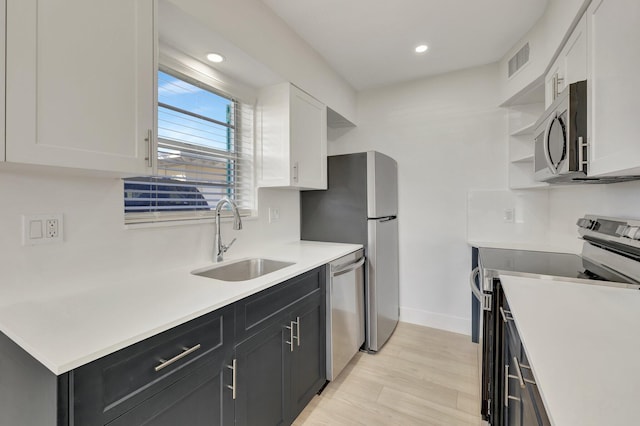 kitchen with open shelves, visible vents, appliances with stainless steel finishes, a sink, and dark cabinetry