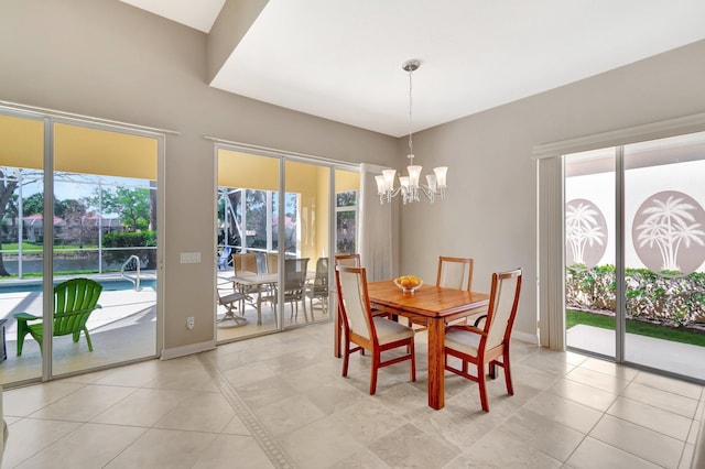 dining space featuring an inviting chandelier, plenty of natural light, and baseboards