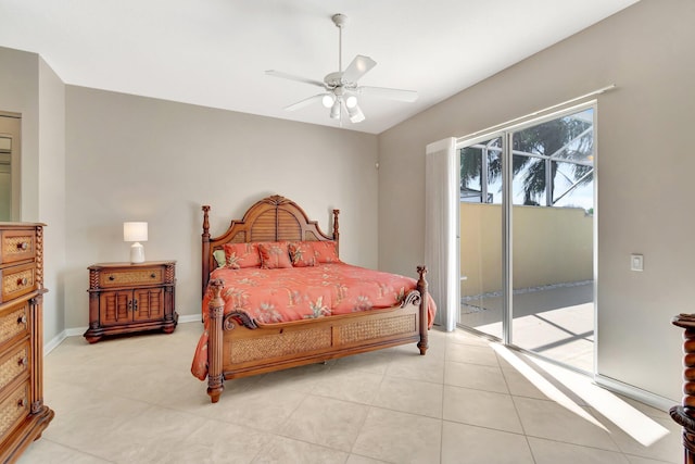 bedroom with access to outside, baseboards, ceiling fan, and light tile patterned flooring