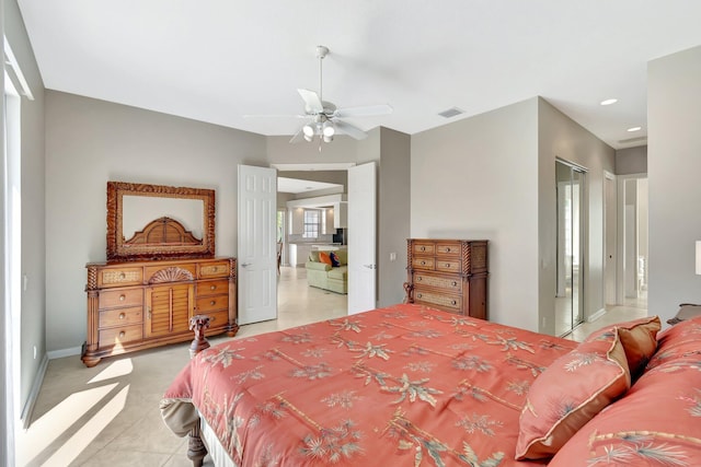 bedroom with light tile patterned floors, baseboards, visible vents, ceiling fan, and recessed lighting