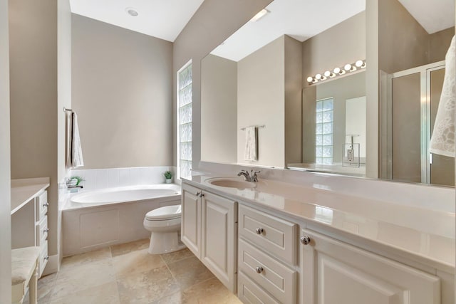 bathroom featuring a stall shower, a healthy amount of sunlight, a garden tub, and vanity