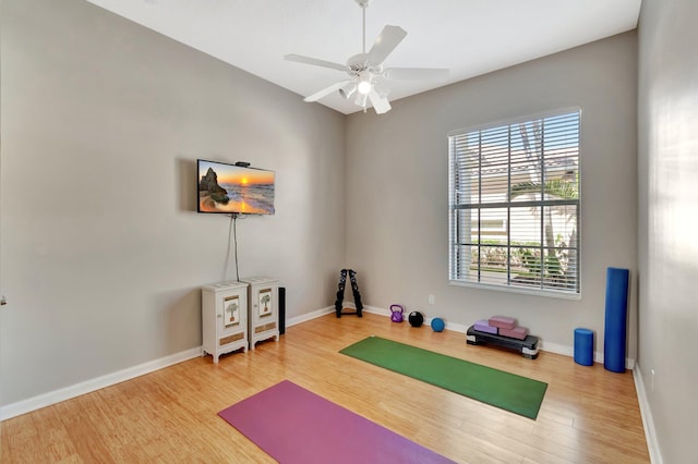 exercise room featuring ceiling fan, baseboards, and wood finished floors