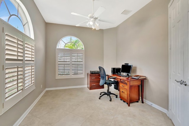 home office featuring a ceiling fan, visible vents, and baseboards