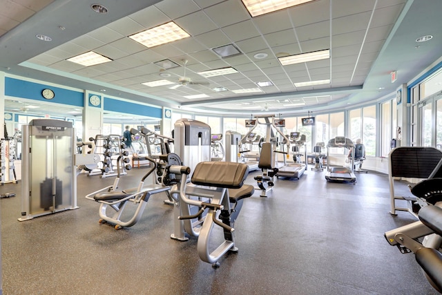 workout area featuring a drop ceiling and visible vents