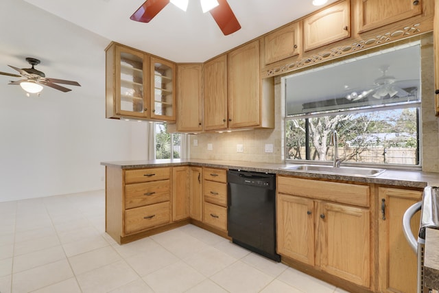 kitchen featuring decorative backsplash, dishwasher, glass insert cabinets, a peninsula, and a sink