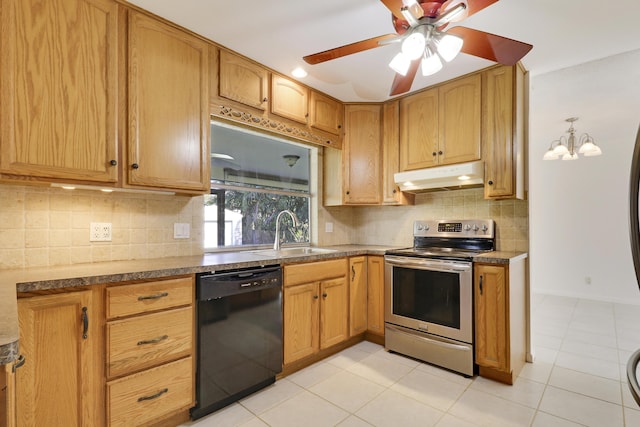 kitchen with tasteful backsplash, dishwasher, stainless steel range with electric cooktop, under cabinet range hood, and a sink