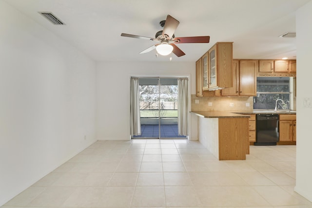 kitchen with black dishwasher, light tile patterned floors, tasteful backsplash, visible vents, and glass insert cabinets