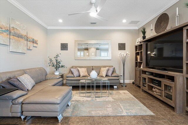 living area featuring recessed lighting, visible vents, ornamental molding, a ceiling fan, and a textured ceiling