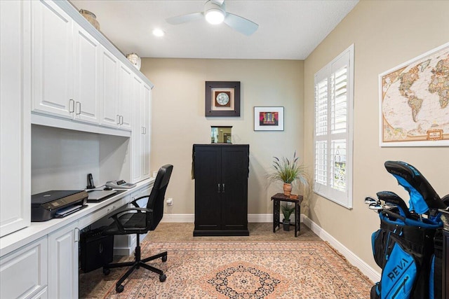 office space with ceiling fan, baseboards, and recessed lighting