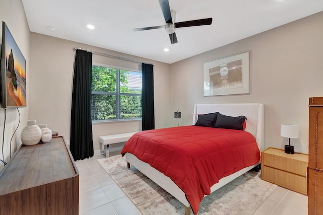 bedroom with light tile patterned floors, recessed lighting, and ceiling fan