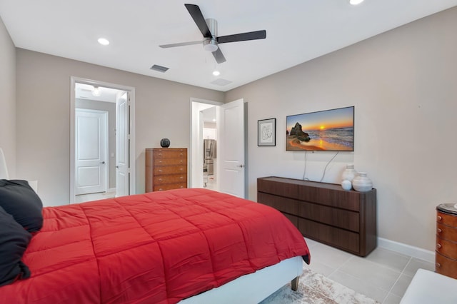 bedroom with visible vents, baseboards, light tile patterned floors, recessed lighting, and a ceiling fan