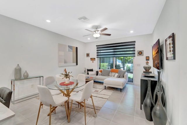 dining room featuring light tile patterned floors, recessed lighting, visible vents, and ceiling fan