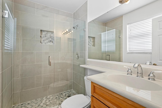 bathroom with a stall shower, vanity, and toilet