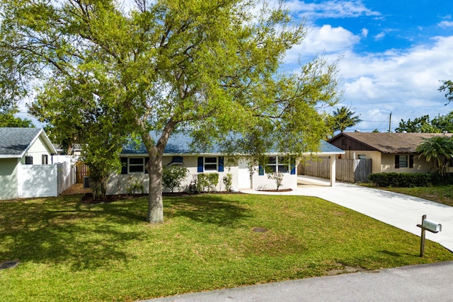 ranch-style house featuring an attached carport, fence, concrete driveway, stucco siding, and a front yard