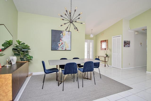 dining room with baseboards, vaulted ceiling, light tile patterned floors, french doors, and a notable chandelier