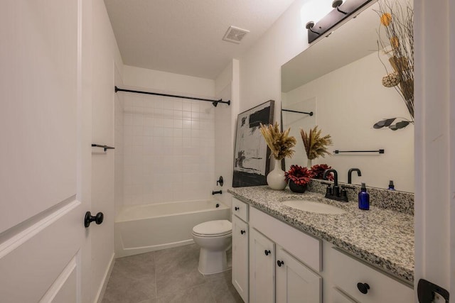 bathroom featuring visible vents, toilet, tile patterned floors, bathtub / shower combination, and vanity