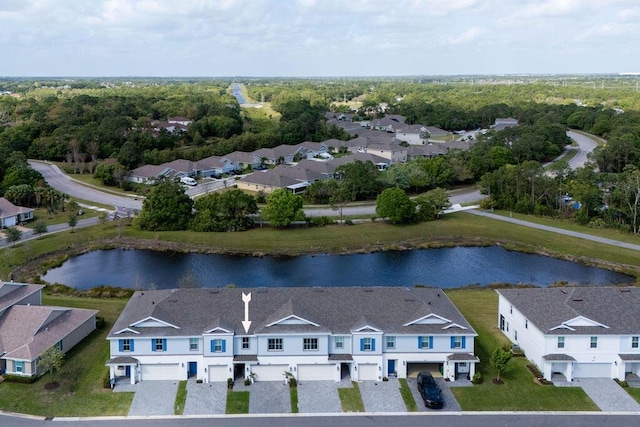 aerial view featuring a residential view and a water view