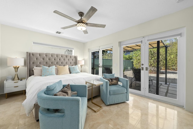 bedroom with access to outside, french doors, multiple windows, and visible vents