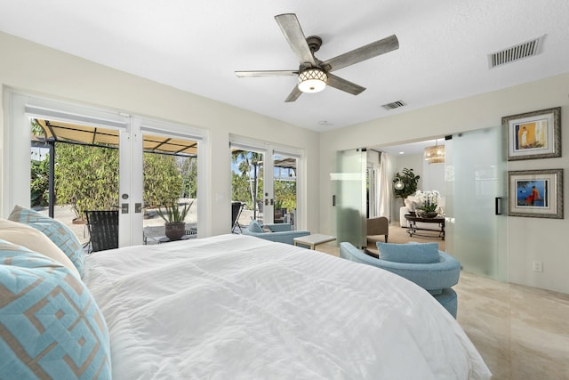 bedroom featuring access to outside, visible vents, ceiling fan, and french doors