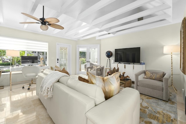 living room featuring a ceiling fan, beam ceiling, and french doors