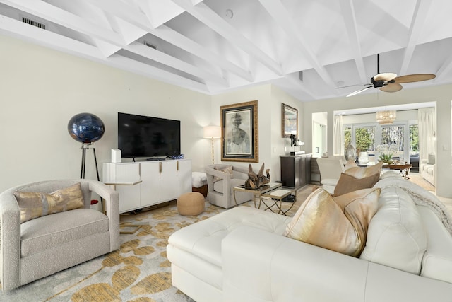 living area featuring a ceiling fan, coffered ceiling, beamed ceiling, and visible vents